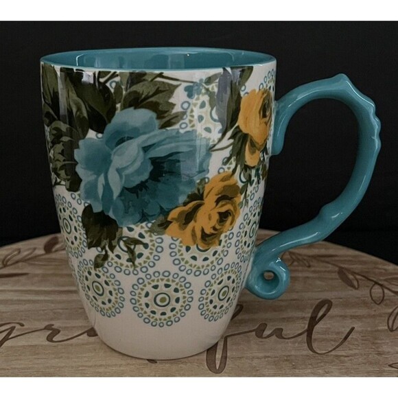 Pioneer Woman Large Teal Floral 24oz Rose Jumbo Latte Cup Mug Soup - Picture 1 of 7